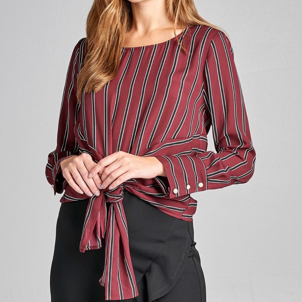 PLUM LONG SLEEVE ROUND NECK FRONT SELF TIED STRIPE